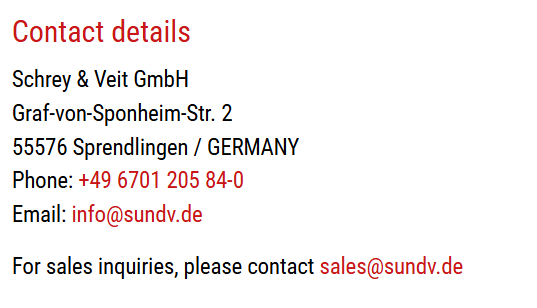 contact details of schrey & Veit GmbH, mail: info@sundv.de for sales inquieries please contact sales@sundv.de