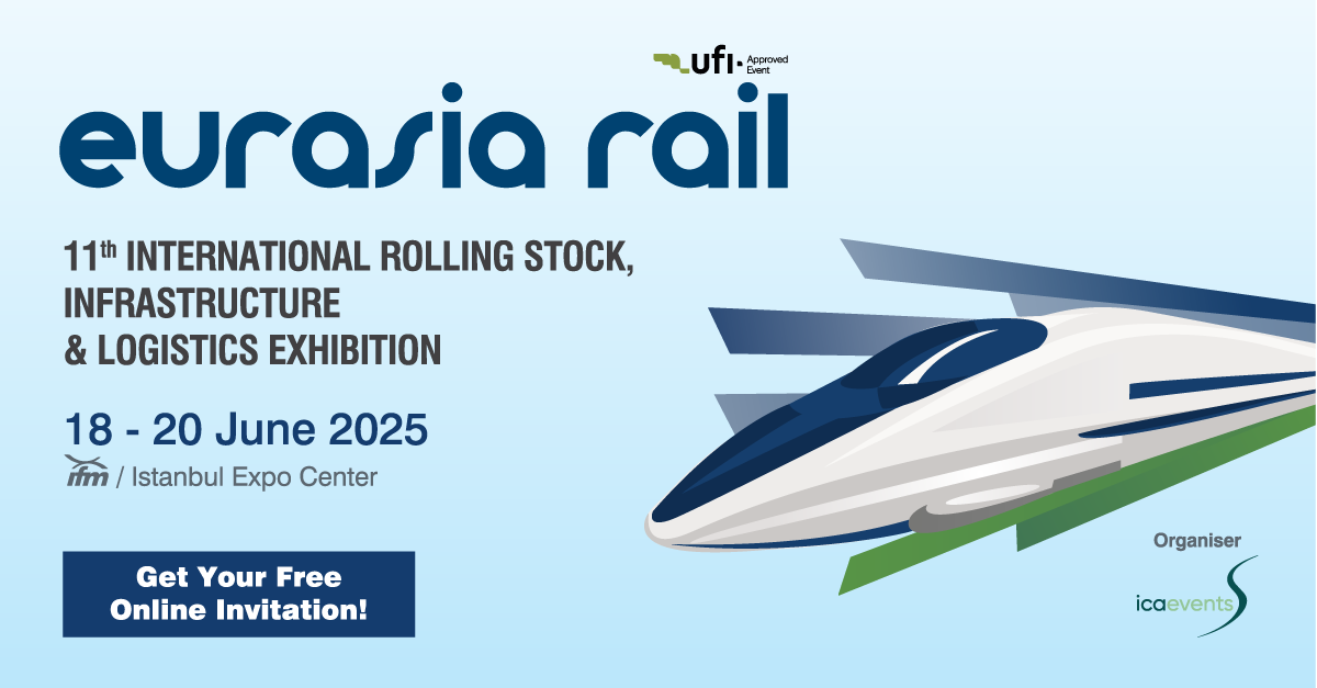 Messeankündigung Schrey & Veit auf der - eurasia rail 2025 in Istanbul-Teaserbild mit einem grafischen Schnellzug und den Daten